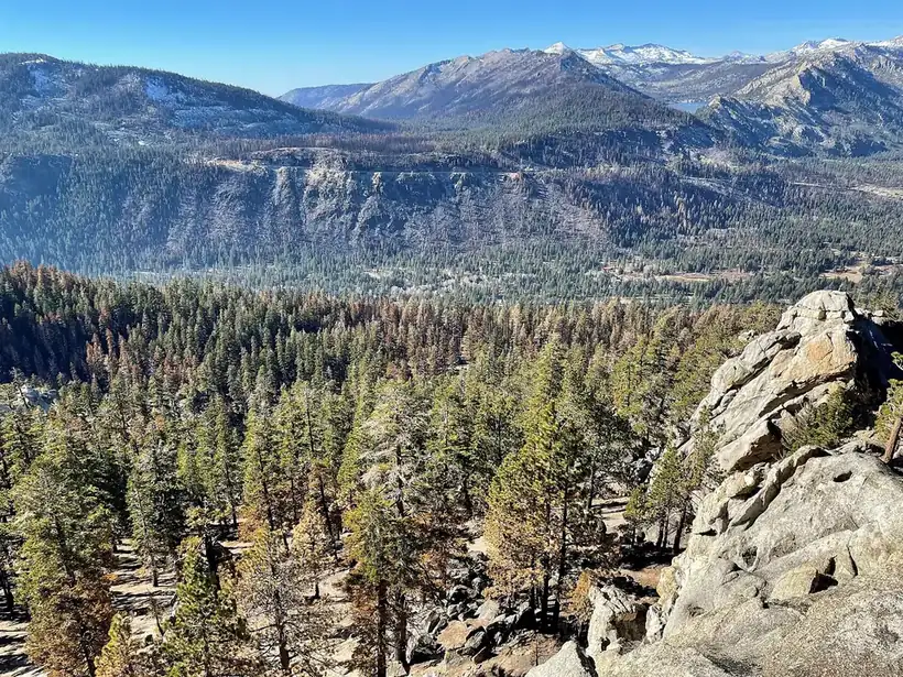 Homes among pines in a wildland-urban interface, granite outcrops in the foreground